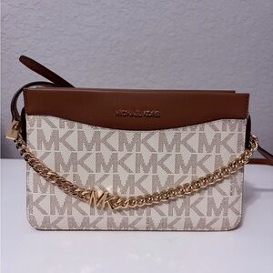 Michael Kors Jet Set Large Signature Logo Cross Body Bag in Vanilla/ Luggage